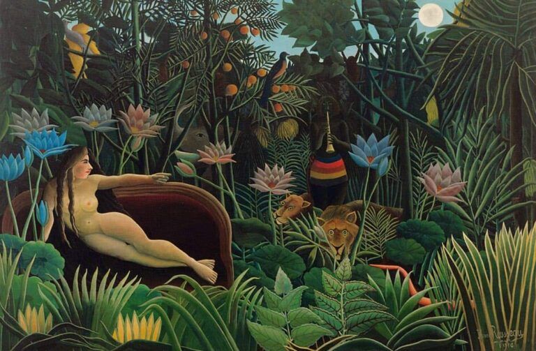 El sueno (1910), pintura de Henri Rousseau: una mujer desnuda reclinada en un divan rojo en mitad de una selva, con un flautista tocando escondido entre las hojas, bajo la luna llena