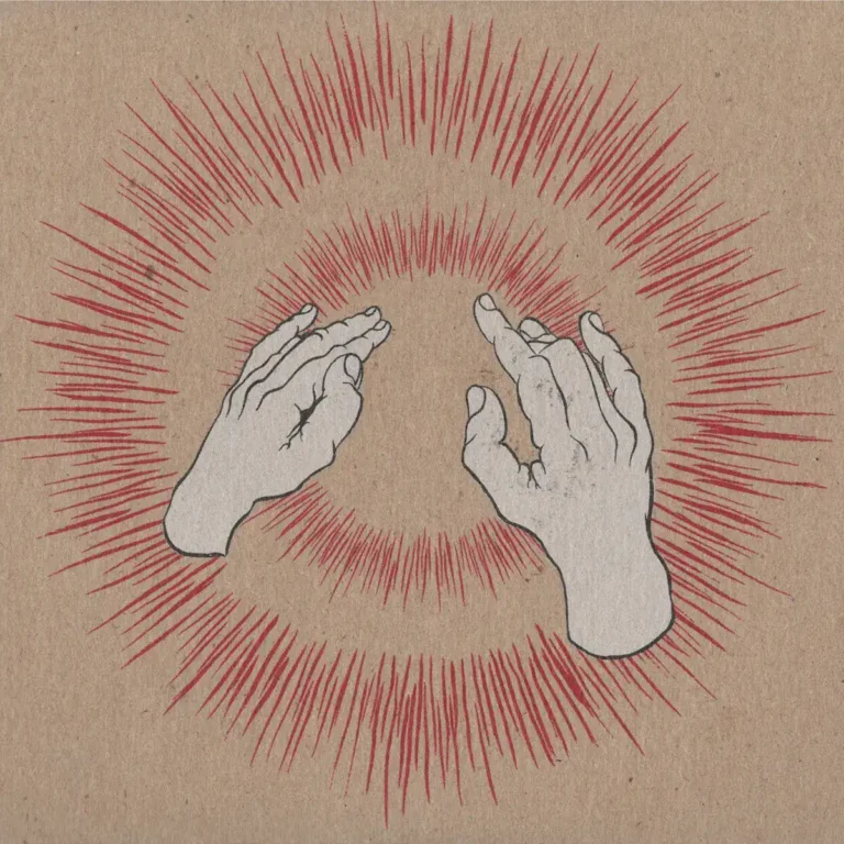 Portada de Lift Your Skinny Fists Like Antennas to Heaven de Godspeed You! Black Emperor: dos manos sobre cartón rodeadas de un halo rojo